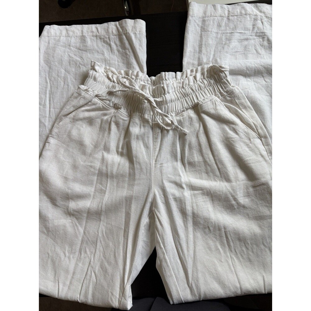White Linen Blend Pants Wide Leg Elastic Drawstring Waist Rewash Small Coastal - Picture 2 of 11